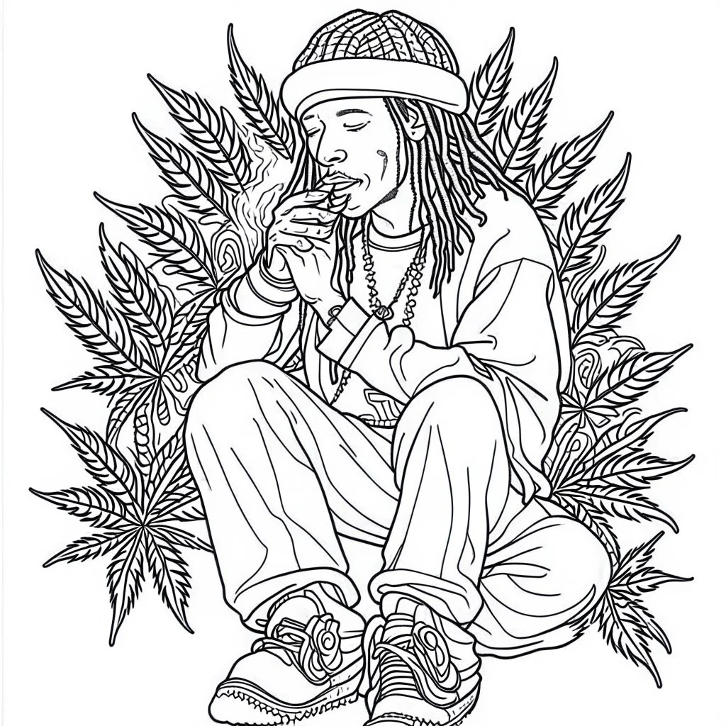 outline art for stoners coloring pages with A very simple and minimal design featuring A reggae-inspired scene with a Bob Marley-esque character playing music surrounded by smoke, white background, sketch style, fully body, only use outline, mandala style, clean line art, white background, no shadows and clear and well outlined