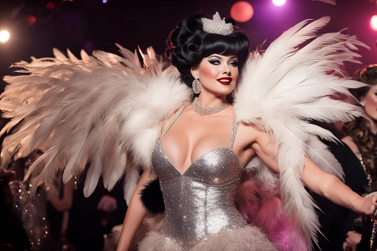 high res photo of a vintage burlesque show: feathers, scarfs, there are glitter and sparkles everywhere