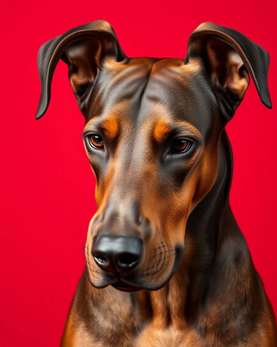 female majestic doberman with slik face on clean red background, head full of power slightly looking down, angry but strong, not agressive