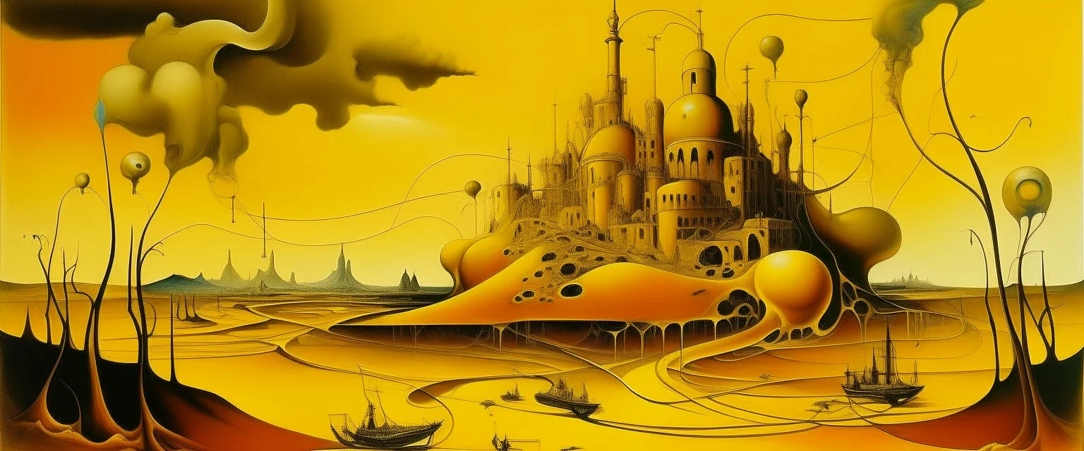 A yellow electrical city painted by Salvador Dali