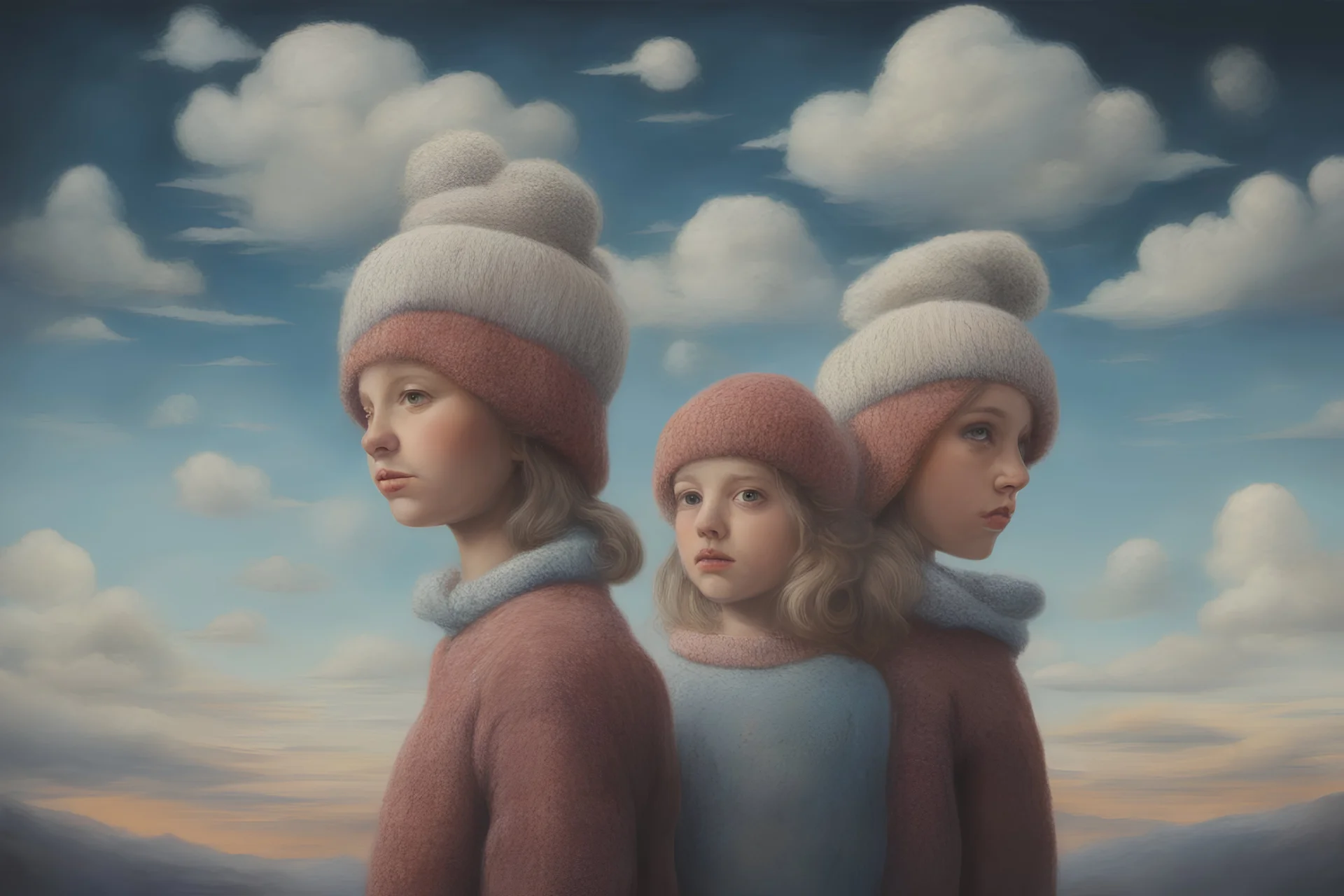 Surreal painting of 2 girls with woollen hats, the sky in the background