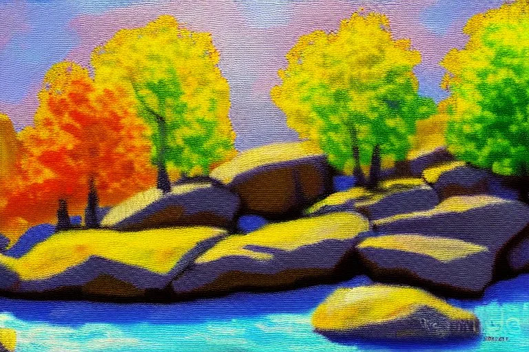 Sunny day, trees and rocks impressionism painting