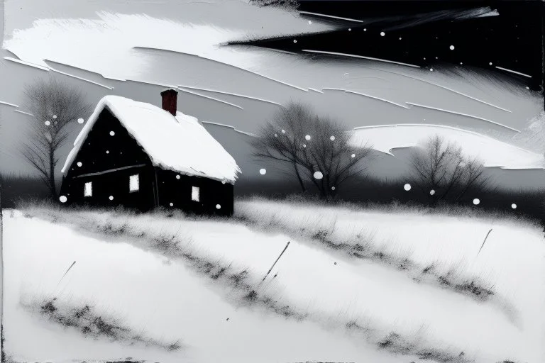 snowy land with a lone pale weather-beaten cottage, (heavy snowing:2), acrylic paint, minimal art, low colors of steel gray, snow white and black, sparse pale cobalt tint leak, wild brush strokes, hard winter, storm dynamics, great wind diagonals, gloomy mountain skyline