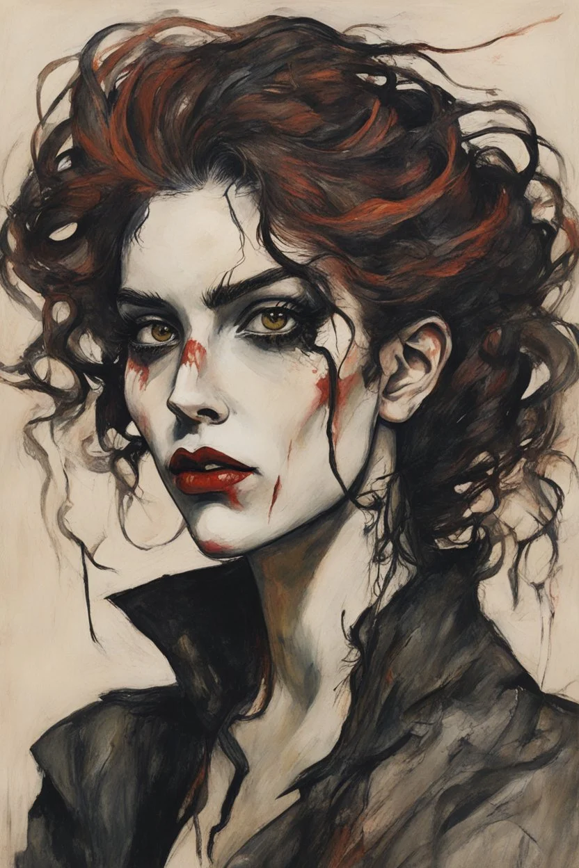 Painting of a Goth vampire girl, with highly detailed hair and facial features in the Expressionist style of Egon Schiele, Oskar Kokoschka, and Franz Marc, with fine ink outlining and muted natural colors