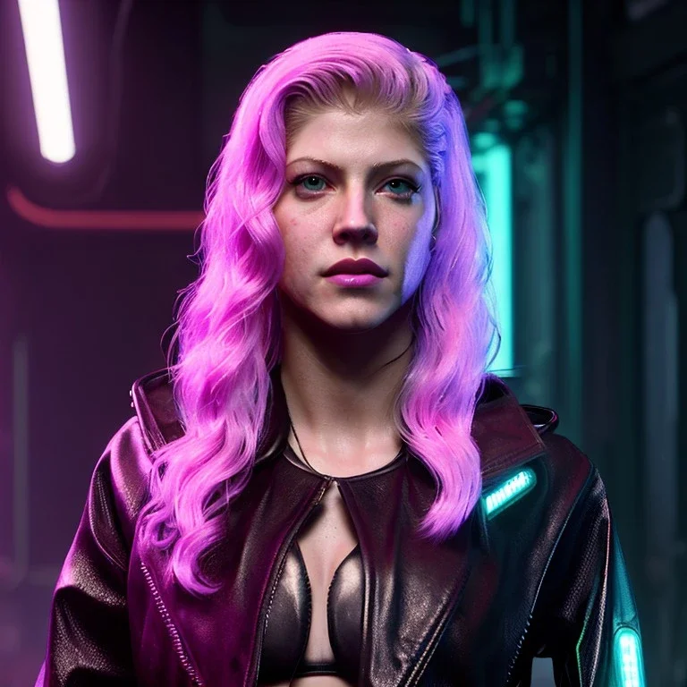 Actress, young Katheryn Winnick, android woman, blade runner style, rain, fog, neon ambient, gradient, clean skin, circuits, leather coat, cyber punk, neon, army, tubes, blood, portrait, studio photo, unreal engine 5, smooth color, 16 bit, god lights, ray tracing, RTX, lumen lighting, ultra deatail, volumetric lighting, 3d, finely drawn, hd.