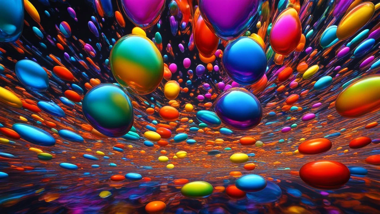 7714. Colourful immiscible liquid globules floating in a wild random dance, liquid medium, mixed, distorted, spectacular, strange globular shapes, wild, fantasy, futuristic, artistic, attractive, beautiful lighting, attractive composition, photorealistic, extremely detailed, chiaroscuro