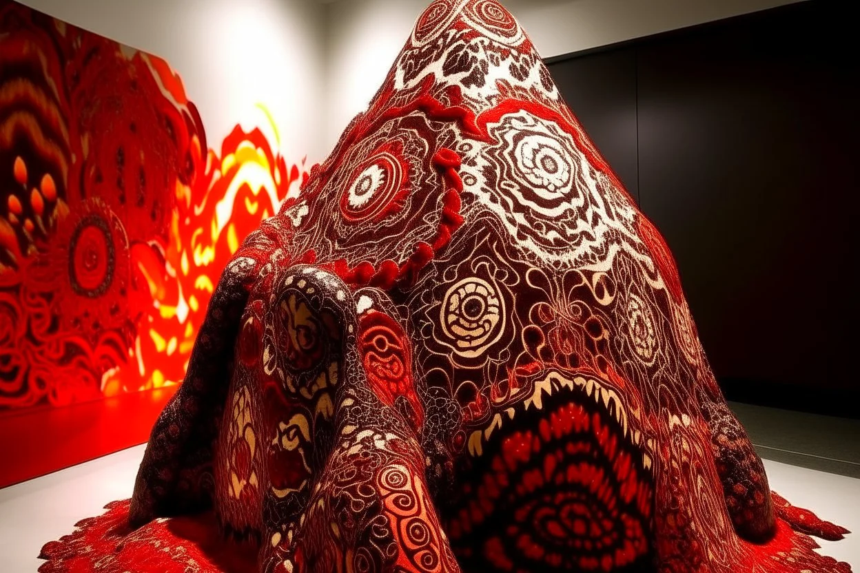 A red volcano with pyrokinetic fire designed in Mehndi design painted by Jean Dubuffet
