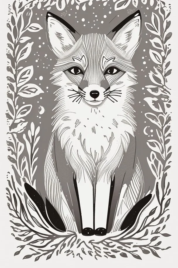 A delightful coloring page design showcasing an adorable baby fox in a charmingly naive art style. The artist has skillfully created a whimsical scene with minimal details and a focus on bold, thick black outlines. The endearing fox, prominently positioned in the center, is the highlight of this illustration. The all-white background beautifully complements the simplistic design, allowing young artists to unleash their creativity. As the baby fox takes center stage, a subtle hint of its natural