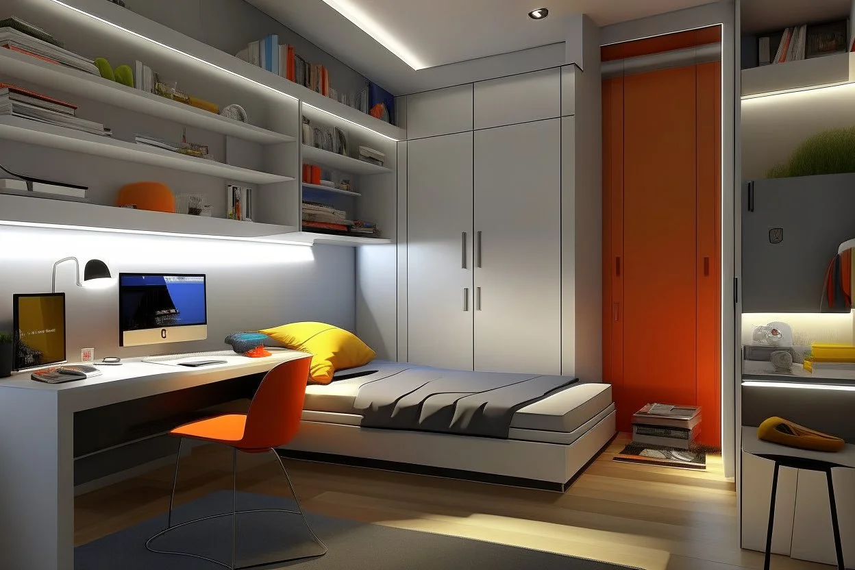 A youthful room with a PC and a bed 190 cm, 90 cm wide, and RGP side lighting.