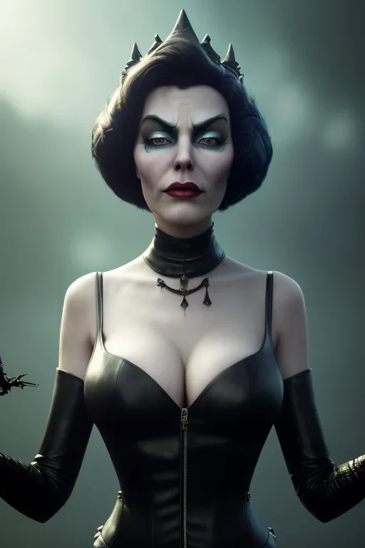 Lene Nystrøm as evil queen in black leather, busty, cleavage, voluptuous, Aqua Lene, angry, stern look. character design by cory loftis, fenghua zhong, ryohei hase, ismail inceoglu and ruan jia. unreal engine 5, artistic lighting, highly detailed, photorealistic, fantasy