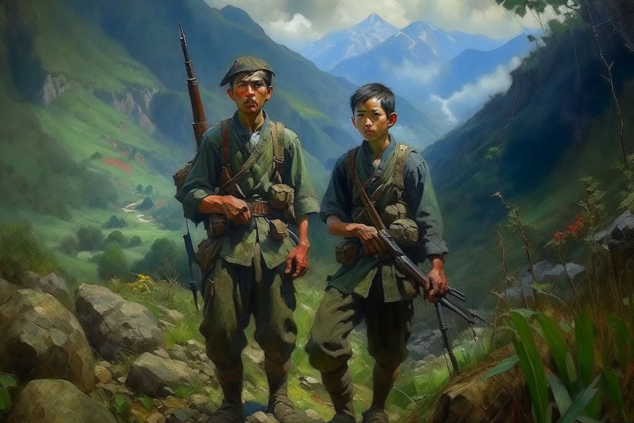 Japanese 1920 oil painting FEDRA from TLOU and the CRM from TWD but as Vietnam men soldiers in the mountains far away from the scenery