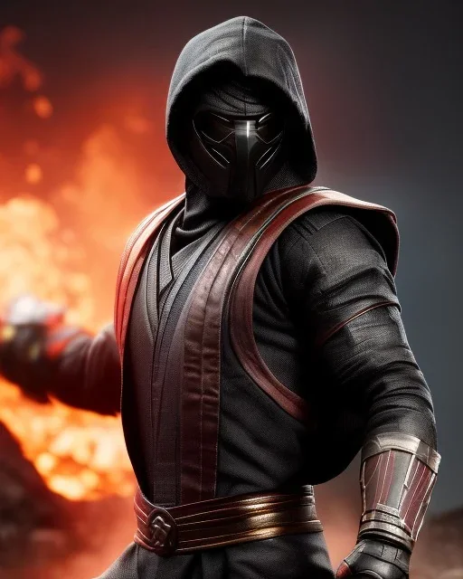 Noob Saibot mortal combat 11, action, focus, volcano, darkness, heat, 8K, photorealistic rendering