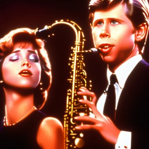 ClosedREd-haired Ron howard Is richie from happy days playing his saxophone with his "eyes closed", rock band, embouchure, joanie cunningham