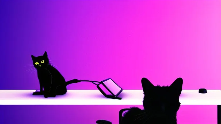 black cat sitting on an office chair, dark room with neon violet lights, realistic