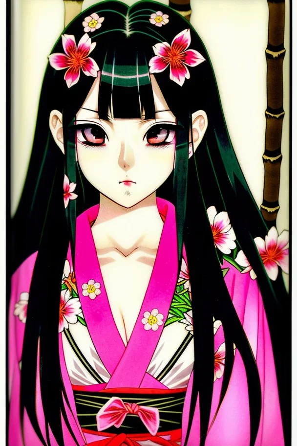 Cute Japanese girl, with pink eyes, dressed in her pink kimono and a black haori, black long hair with reddish tips, a piece of bamboo covering her mouth, drawing manga style, vibrant colors, in a manga book cover