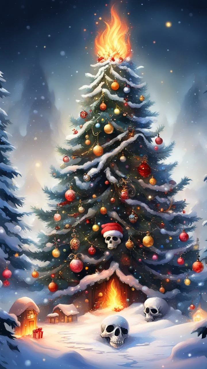 Christmas tree snow , Merry-x-mas decoration, tree, cartoon, Underworld, fire and smog, Skull,universum