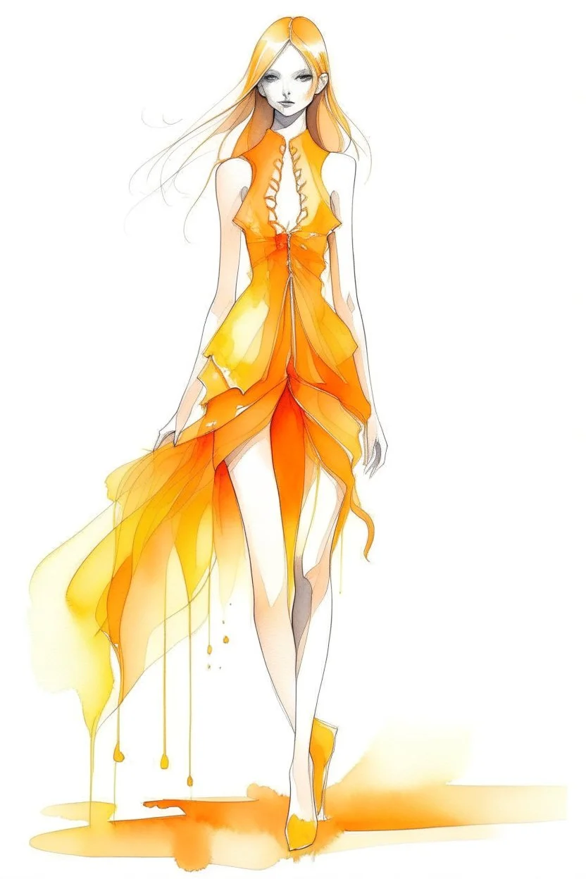 Watercolor fashion orange short futuristic dress sketch