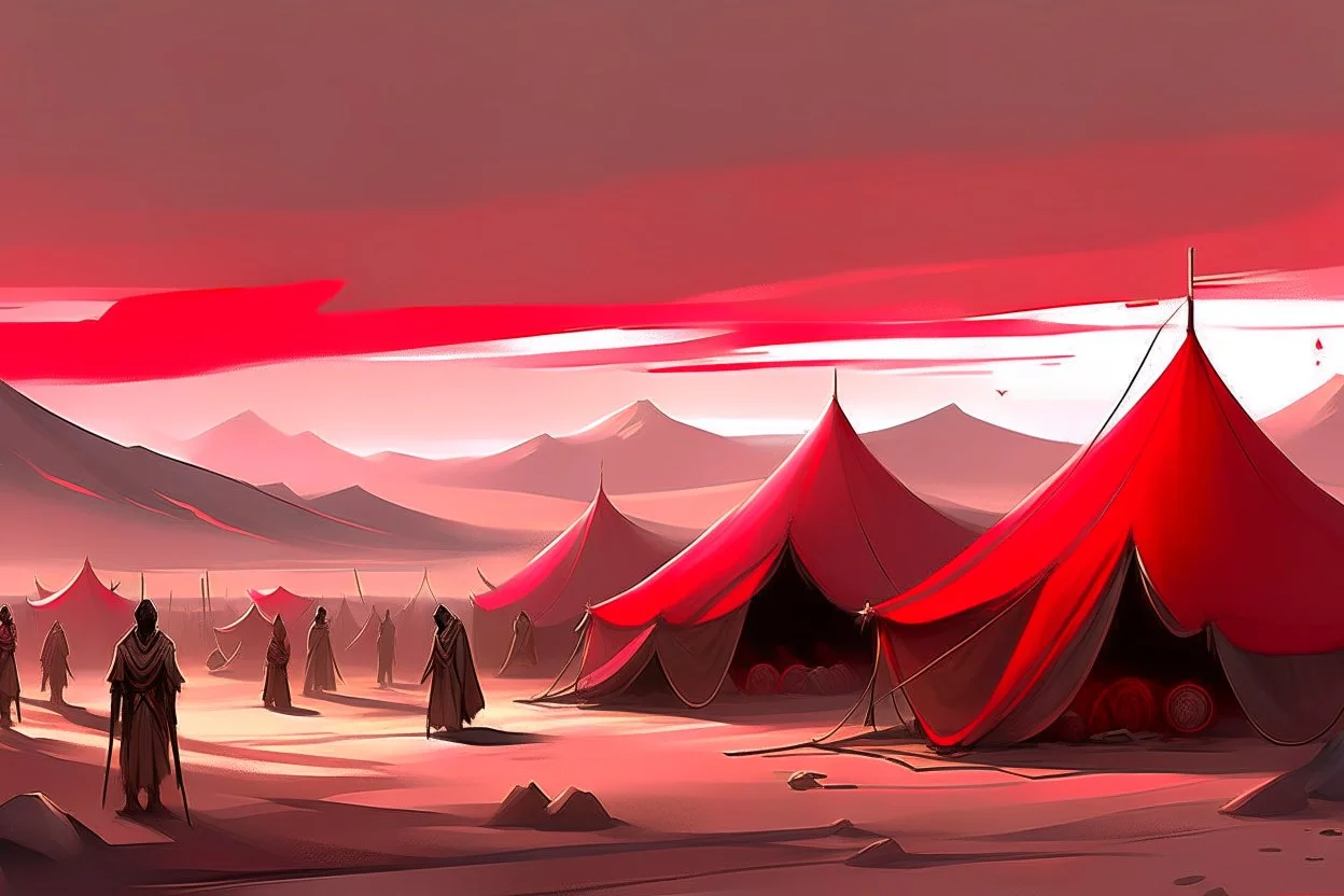 painting, landscape, artistic, illustration, black desert, black sand, bleak, pale red sky, large bustling camp, tigtly packed leather tents, vereshagin style