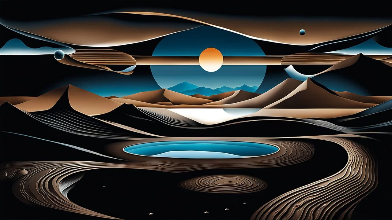 Abstract Landscape with surreal iced desert, mountains, iced water, reflections, sharp lights and shadows . The scene features circles, lines and ovals, all enhanced by overlapping, adding depth and dimension. In the scene old bones lying in sand in the right side. The sky is dramatic, filled with swirling dark clouds , creating an intense atmosphere. The color palette consists of rich, deep hues, watercolor and dark ink, like a dark dream