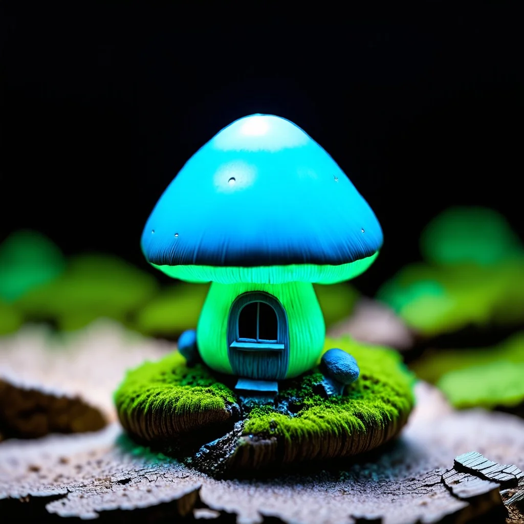 "Close up of a wonderful tiny Mushroom Tower home. blue and green with bright white, deep black and contrasting tones of gray. Illuminated bioluminescent forest. Professional painter, master at composition. small but detailed. broken, blurred background, voluminous lighting"