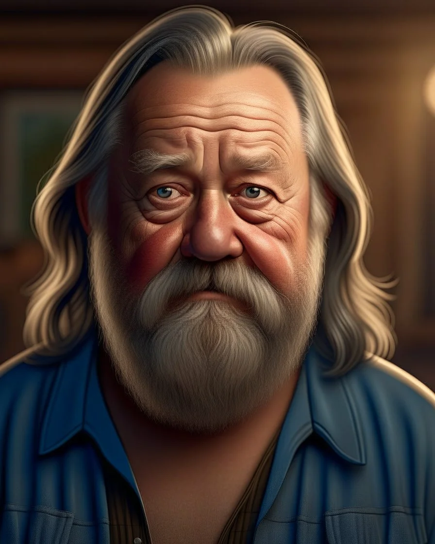 photorealistic, lifelife, elderly short and chubby insane kentucky hill bill farmer, trailer trash style. with long hair and beard and extreme big ears