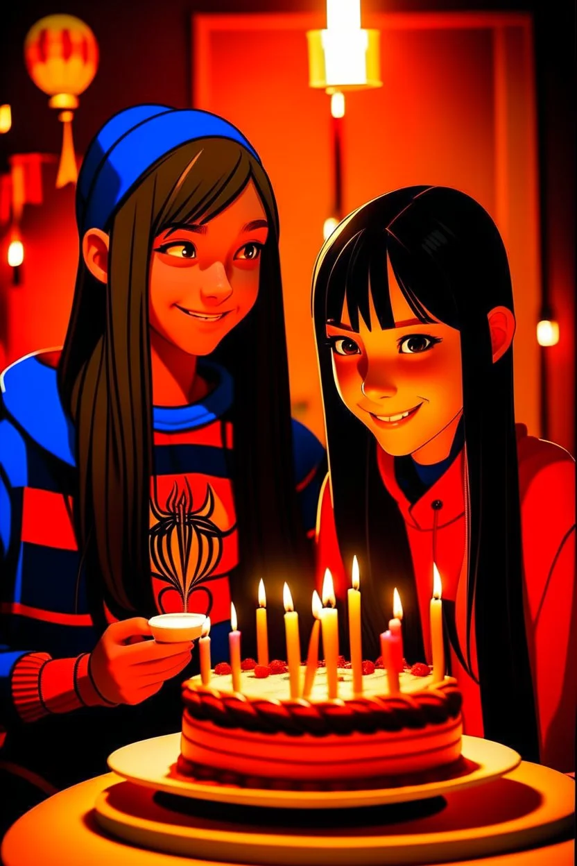 spiderman into the spider verse tarzı 17 yazan mum ile doğum günü kutlayan 2 kız birinin saçı kısa karakterlerin görüneceği kadar aydınlık soldaki kızın saçı daha kısa yüz ifadeleri değişsin çizgi roman tarzı gölgelendirme yüz ifadeleri değişsin sadece 2 kişi pasta ortalansın