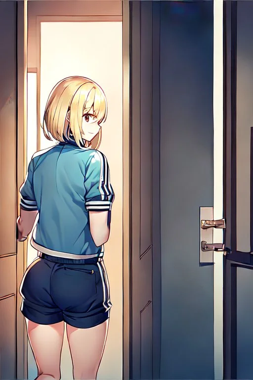 blonde girl with short jacket and shorts runs in a corridor in front at a mistery door, back view, line arts, manga style