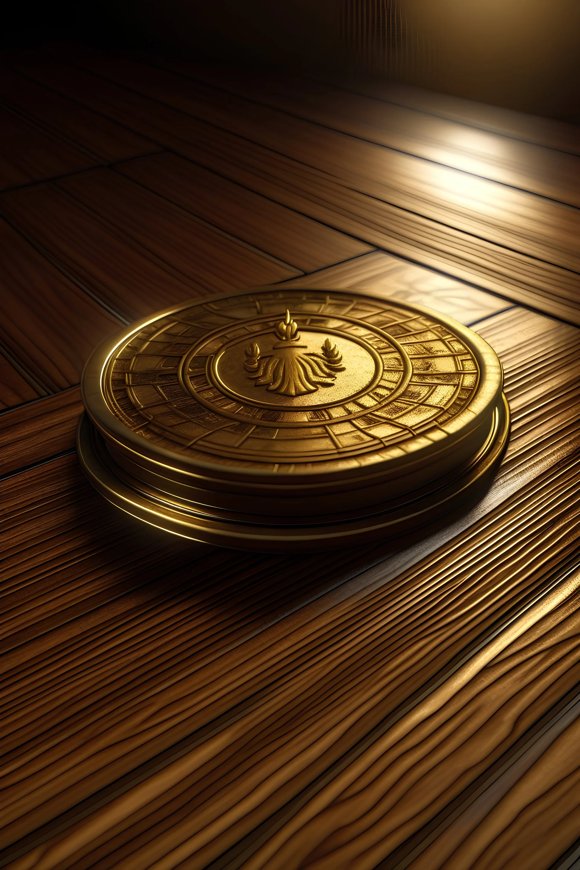 a single thin gold coin laying down on a wooden table with a three pointed crown on the front of the coin, top down view, fantasy concept art, exquisite realism, dynamic lighting, intricately detailed, Unreal Engine