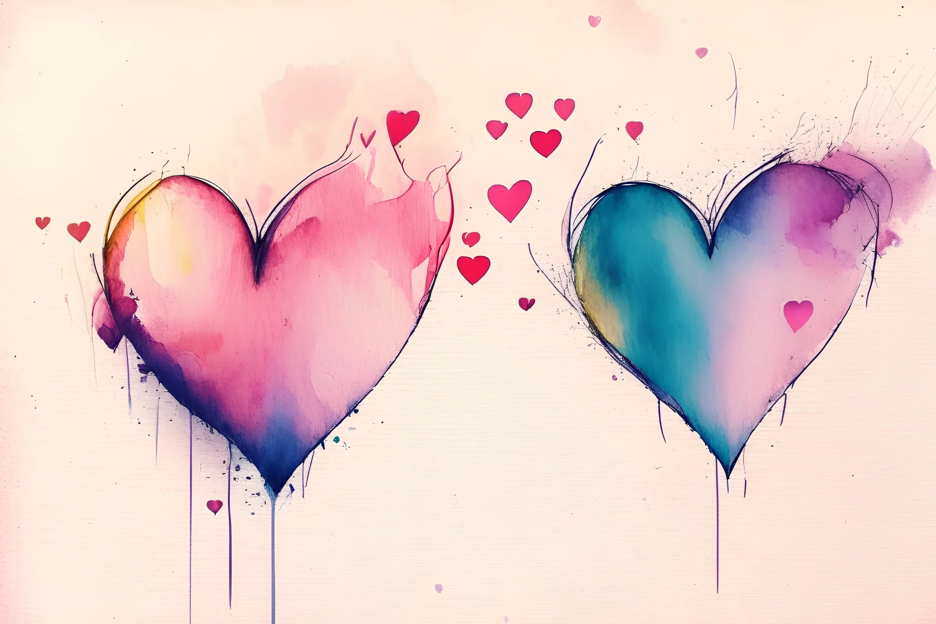 Abstract watercolour hearts with sketchy pencil outlines