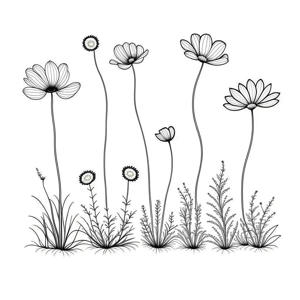 set of growing wind flower on the grace on ground, ONE lineS art, white background, minimalis, different view, only white bakcground solid.black ink