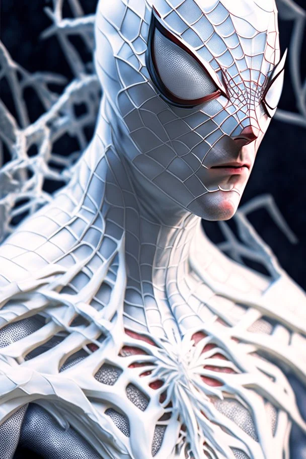 The epic 3D portrait of Spider-Man, dressed in white attire and adorned with gorgeous and surreal intricate details , wide-angle view , Half body composition , shinycinematic , artstation