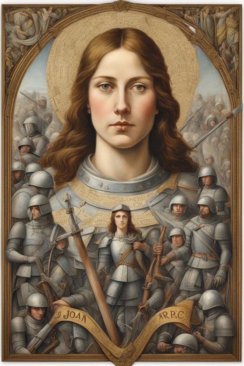 Portrait Art **Featured Art:** The Savior of France: A piece showing Joan leading an army, with the soldiers representing the labor force. Their faces could be made up of words or symbols representing labor rights and laws. **Appearance:** art ideas that encapsulate the essence of Joan of Arc (an French female / women patron saint of France, honored as a defender of the French nation for her role in the siege of Orléans and her insistence on the coronation of Charles VII of France during the Hun