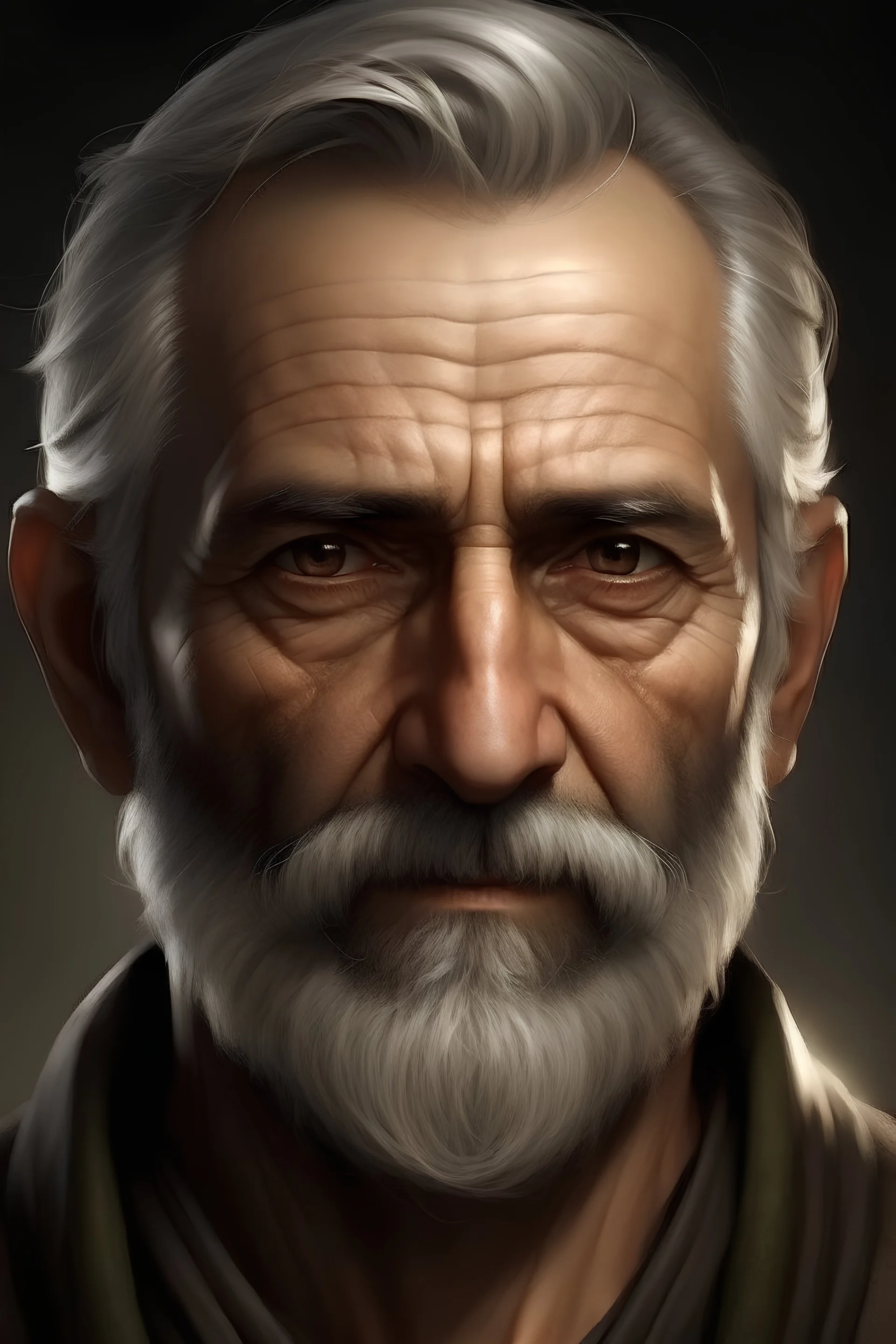 a man in his late fifties, grey hair, short grey beard, middle eastern features, big forehead, hooked nose, piercing brown eyes, realistic epic fantasy style