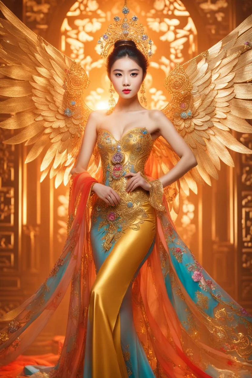 Gorgeous photography full body Beautiful super model Chinese woman dressing Lady Angel colorful art conceptual, amazing artwork, hyper detailed, ultra maximalist quality, 12k , close-up portrait,crystal ornaments background, golden hour