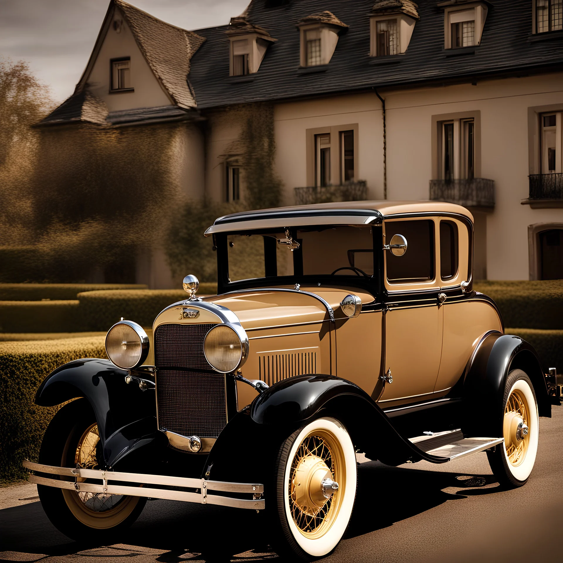 an oldtimer Ford model A from 1931 with a spare tire at the back, high bodywork sepia color drives on an old-fashioned square with mansions on either side, Award winning photography illustration dynamic lighting 8k, award winning fantastic view portrait, colourful Nikon850