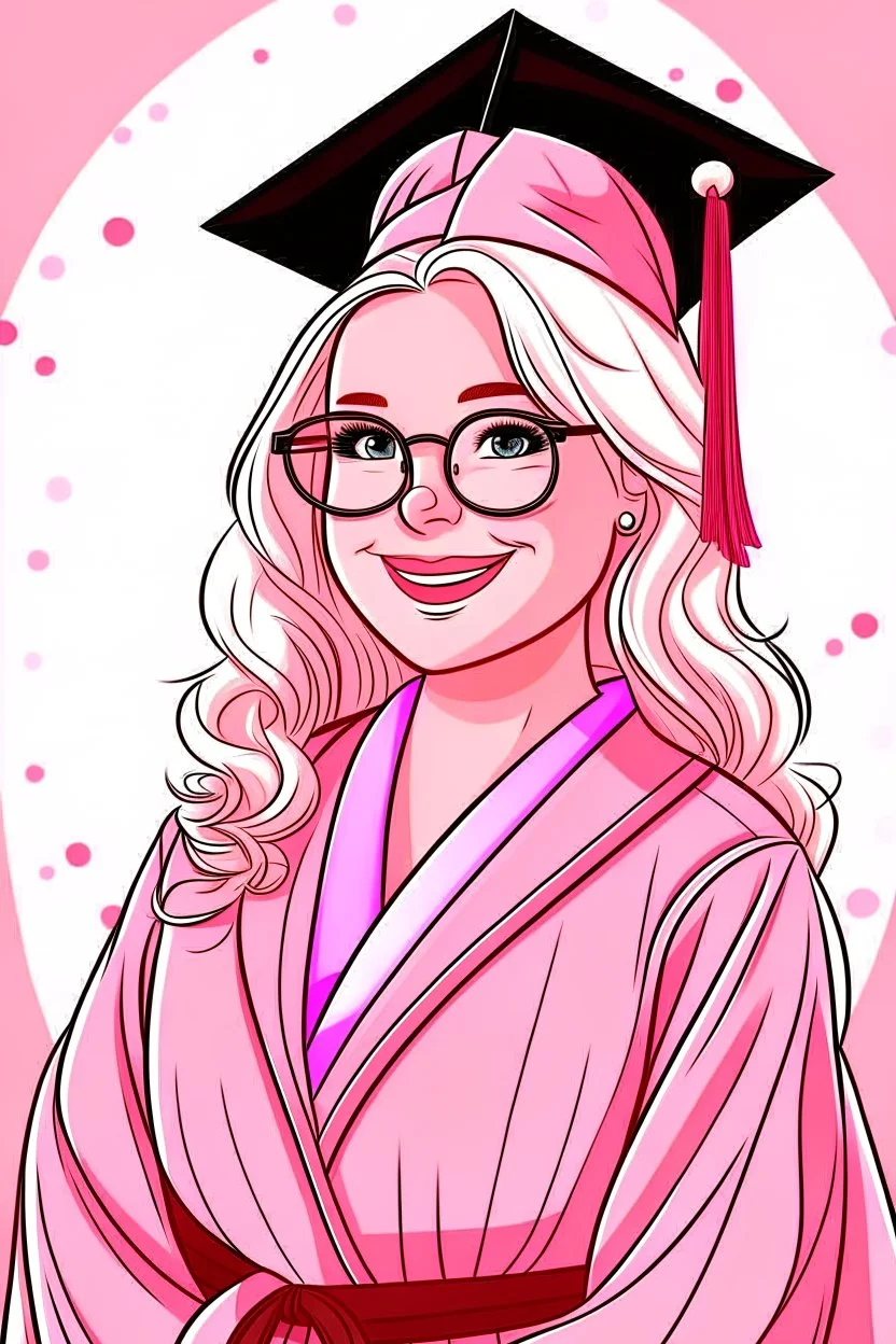 Een dom blondje die haar dokterdiploma heeft gekregen dankzij CHATGPT. Straalt domheid uit. Haar graduation outfit is volledig roze. Karikaturaal, carnavalesk, er zijn dokterattributen, denk legally blind en greys anantomy Dokter moet duidelijk zijn. Ze is lelijk