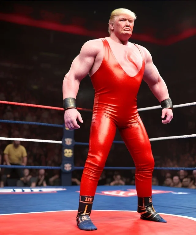 Wrestler Donald trump, wrestling, sweat, blood, red breeches, suspenders, stars, retro style, 80s, hot ambient, photo studio, vibrant color, gradient, highly detailed, art stations, concept art, smooth, unreal engine 5, god rays, ray tracing, RTX, lumen lighting, ultra detail, volumetric lighting, 3d, finely drawn, high definition, high resolution.