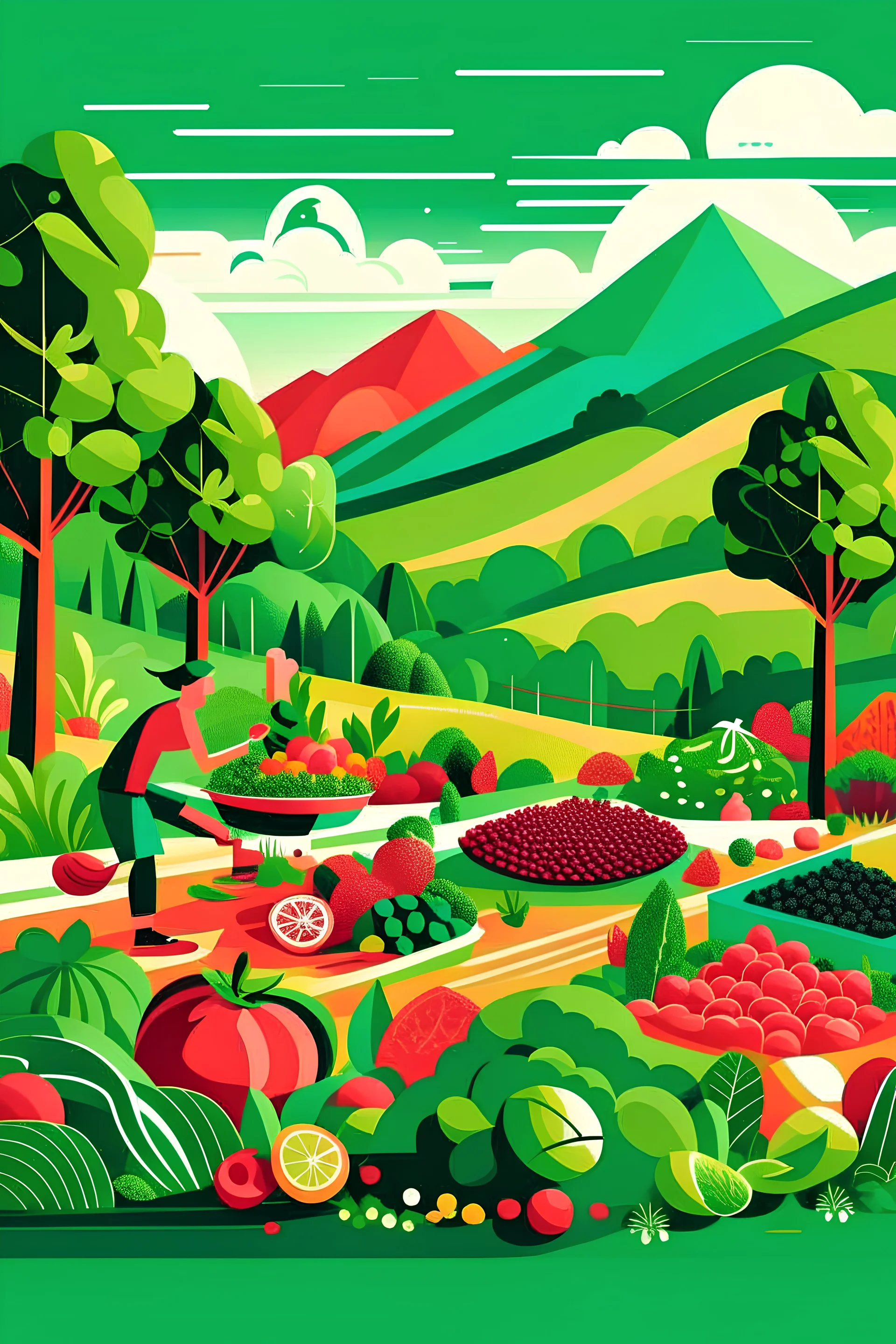 Generate an image that portrays the harmony between a nourishing diet and invigorating workouts. Visualize a dynamic scene where colorful, fresh produce spills out of baskets, intermingling with exercise equipment like yoga mats, dumbbells, or a skipping rope. Imagine a backdrop showcasing vibrant, bustling farmer's markets or serene, outdoor workout spaces with lush greenery.