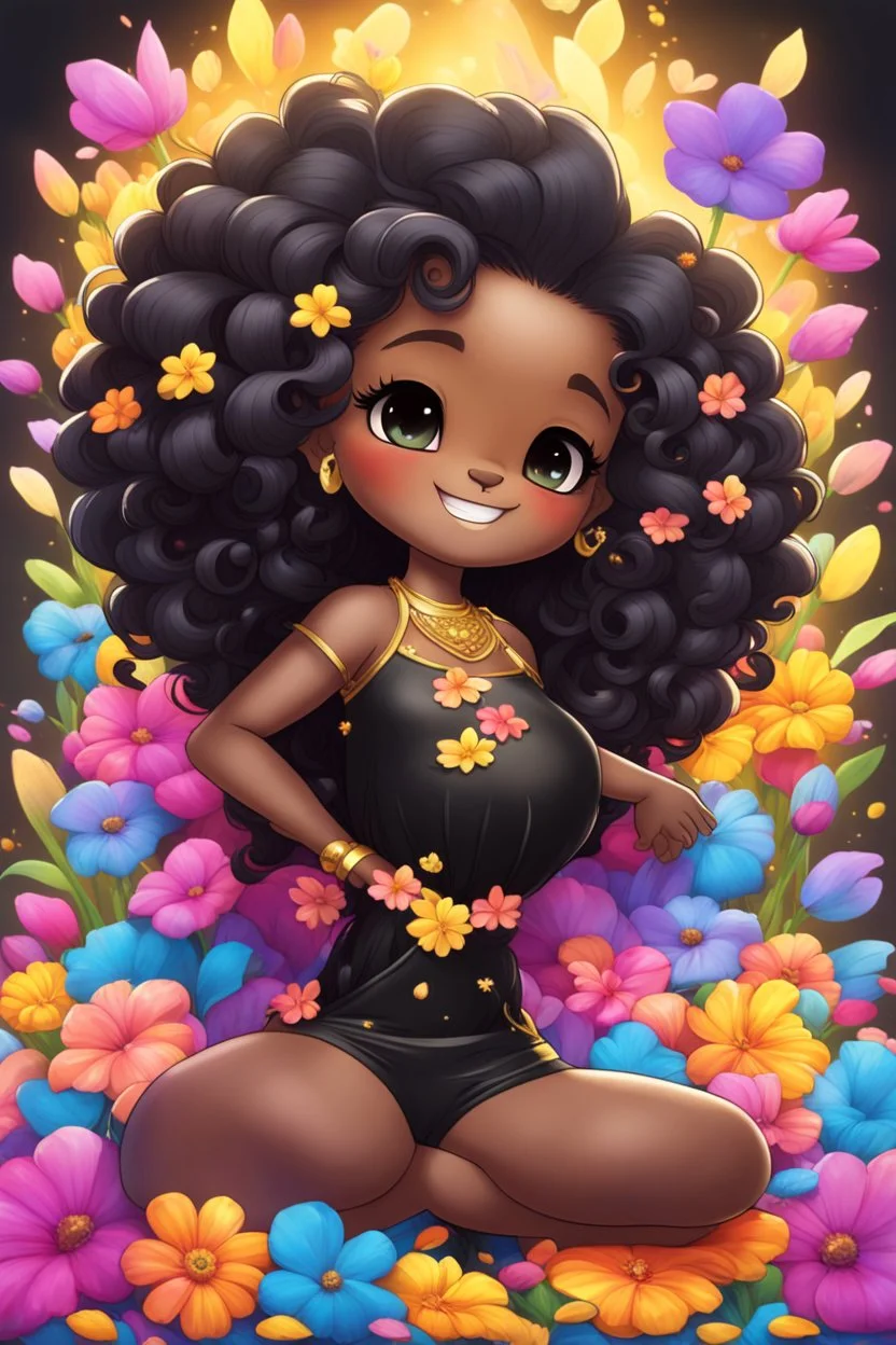 A sassy thick-lined airbrushed cartoon black chibi girl lounging lazily on her side, surrounded by colorful flower petals. She has a golden lion tail curling playfully behind her curvy body. Looking up coyly, she grins widely, showing teeth. Her poofy hair forms a mane framing her confident, regal expression.