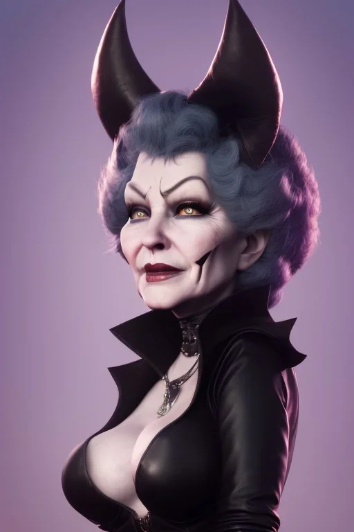 Mae West as evil queen in black leather, leather, busty, cleavage, angry, stern look. character design by cory loftis, fenghua zhong, ryohei hase, ismail inceoglu and ruan jia. unreal engine 5, artistic lighting, highly detailed, photorealistic, fantasy