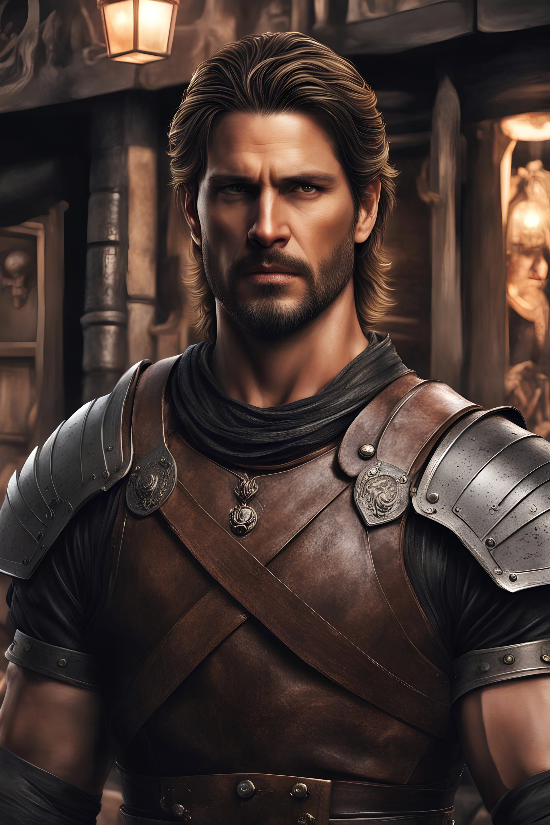 A half body portrait of a male warrior standing guard in front of a merchant shop, Adult man fusing Joe Manganiello+Manu Bennett's features, fair complexion, shoulder length brown hair, intense eyes, black medium leather armor, necklace, portrait, digital art, dramatic lighting, high detailed