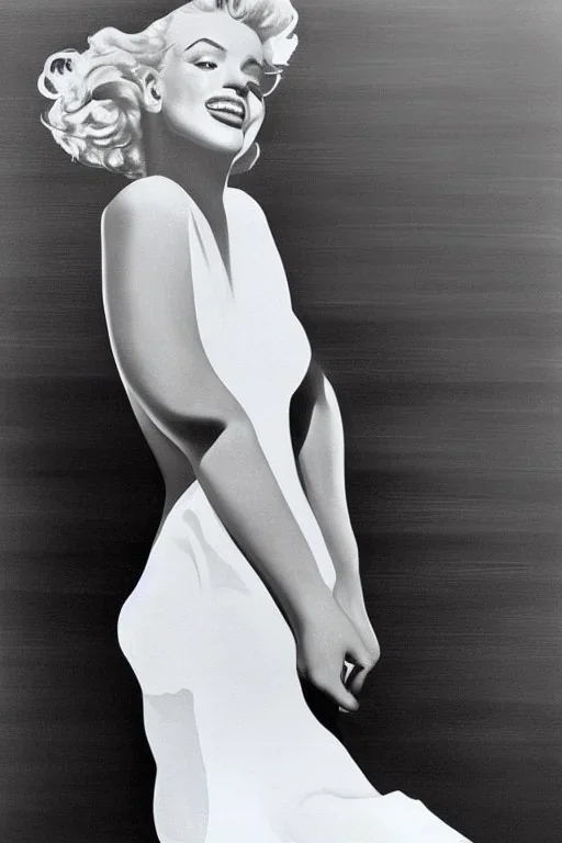 Painting, photorealistic, Marilyn Monroe, front view medium shot ankle-length white dress, white high-heeled shoes standing over a subway grating, dress billowing up, face slightly turned to the right arms holding the dress down, style of The Seven Year Itch