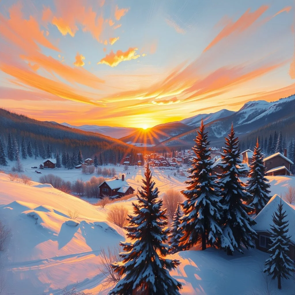 Impressionist landscape painting. Wide angle shot. majestic winter sunset over the serene snowy town, with woods and mountains in the distance. Low angle shot. Dreamy, expressive brushstrokes, by Jeremy Mann and Carne Griffiths. Warm golden light dancing across the snow pack. Fir trees silhouetted against the vibrant orange sky. Golden hour glow with hues of pink and purple. Best quality, highly detailed, captivating atmosphere. Impressionist masters,