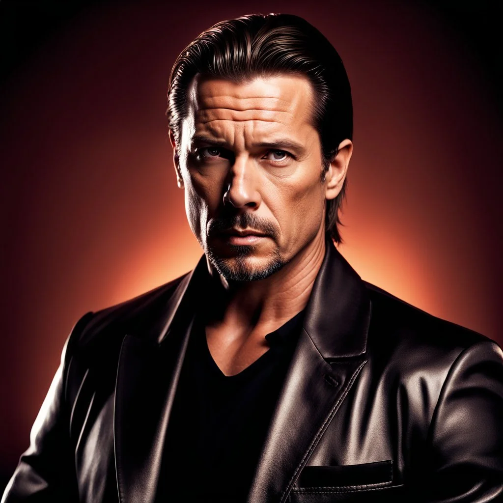 portrait of a 40 year old Handsome, smart gang boss with lightly tanned skin. medium length brown hair slicked back and a goatee beard. mean looking. photorealistic