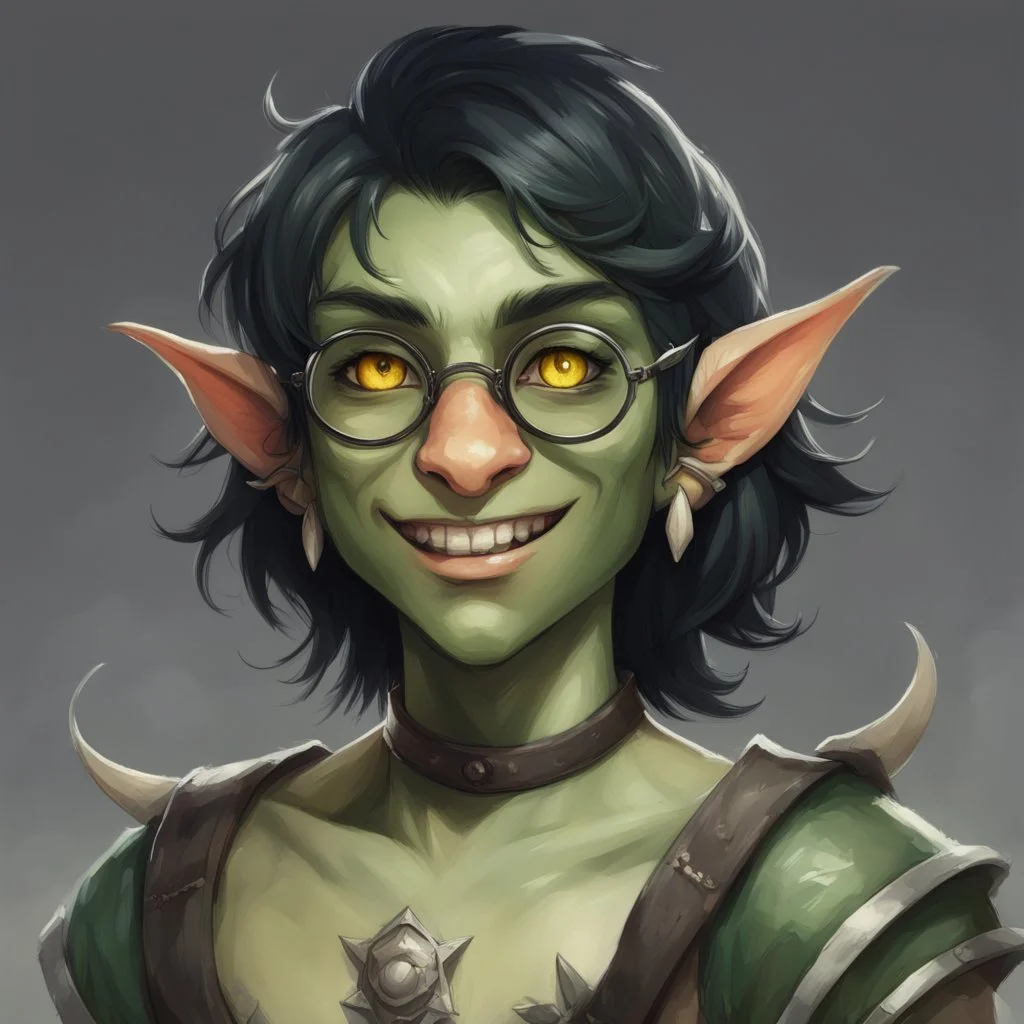 dnd, portrait of cute young orc-elf hybrid femboy, black hair, short hair, curled hair, hair covering one eye, emo hair, round glasses, tusks, sharp teeth, yellow eyes, flat chest, mage, magic, nose ring, pierced ears, twink, smile, sharp teeth, green skin, round face