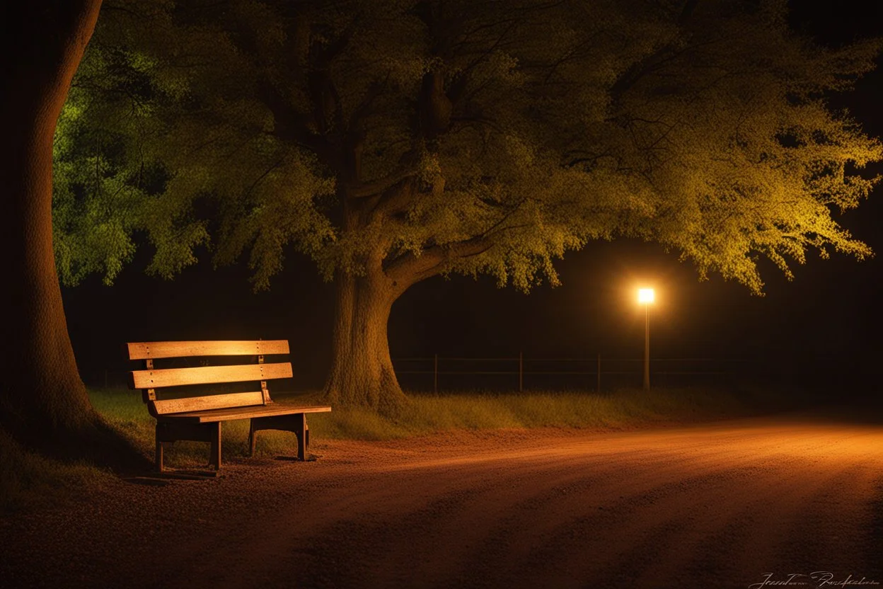 Night, square bench, dirt roads, trees, photography