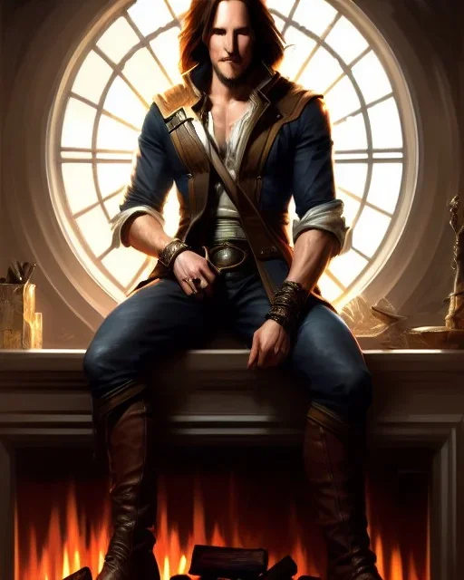 "matt mercer sitting in a comfy chair by a fireplace, beautiful eyes, full-scale head and shoulders portrait, 8k resolution concept art portrait by Greg Rutkowski, Artgerm, WLOP, Alphonse Mucha dynamic lighting hyperdetailed intricately detailed Splash art trending on Artstation triadic colors Unreal Engine 5 volumetric lighting Splash art fantasy