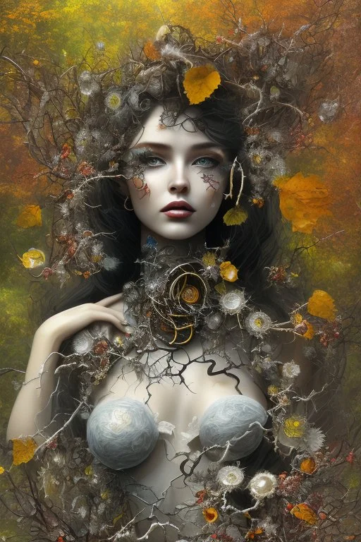 abstract creation of a beautiful girl with black curly hair, surrounded by black roses, thick metal chain broken, glass petals on the ground, autumn colours,dried out thorn bush, chaos,