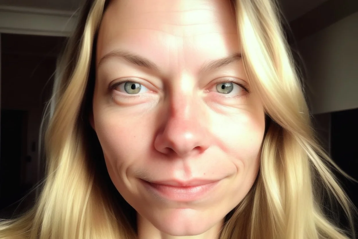 A selfie of a woman, middle long blond hair, showing a 39-year-old European woman. She has brown hair, face without makeup, cute nose, detailed full lips, skin texture. no much light shadow contrast.