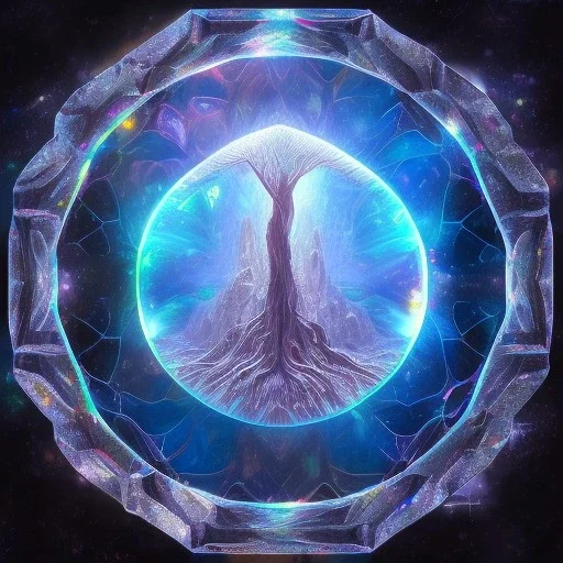 hedjuk,Tree of Life, crystal city crystalline in the sky, renderin, room, cosmic, opalescent, 100mm, opalescent, gemstones, crystals, object, other worldly,water, cristal rock ,bright, ice backg